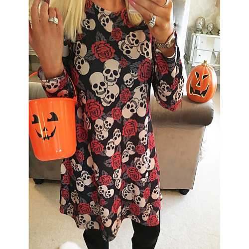 

Women's Halloween A Line Dress Knee Length Dress Black Long Sleeve Print Patchwork Print Summer Round Neck Hot Elegant Vintage 2021 S M L XL