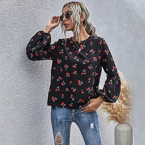 

Women's Blouse Shirt Fruit Long Sleeve Patchwork Print Round Neck Tops Lantern Sleeve Basic Basic Top Black