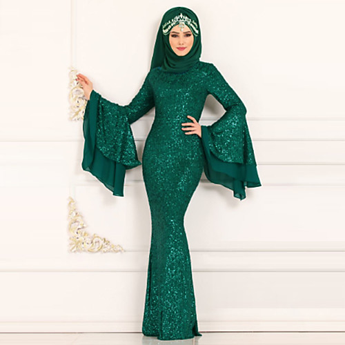 

Mermaid / Trumpet Glittering Elegant Party Wear Formal Evening Dress Jewel Neck Long Sleeve Floor Length Sequined with Sequin 2021