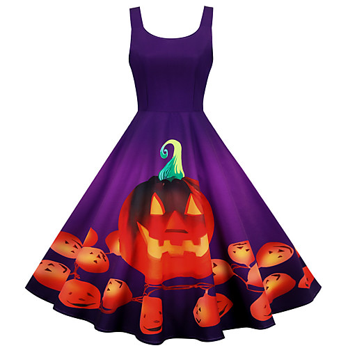 

Women's Halloween A Line Dress Knee Length Dress Black Blue Purple Wine Sleeveless Pumpkin Print Patchwork Print Fall Square Neck Hot Vintage 2021 S M L XL XXL 3XL