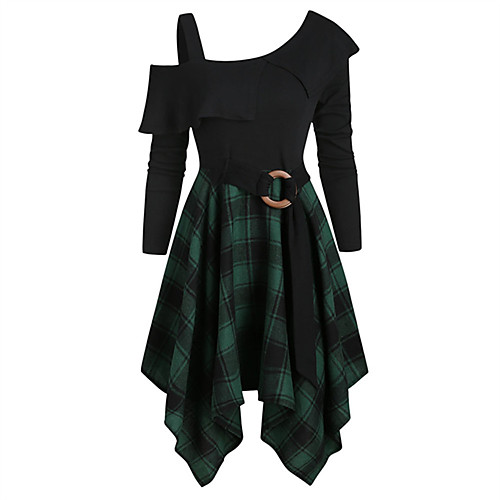 

Women's A Line Dress Short Mini Dress Black Red Green Long Sleeve Check Patchwork Fall Boat Neck Hot Casual 2021 S M L XL XXL 3XL