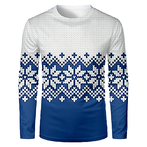 

Men's T shirt 3D Print Graphic Color Block 3D Long Sleeve Christmas Tops Basic Blue / White