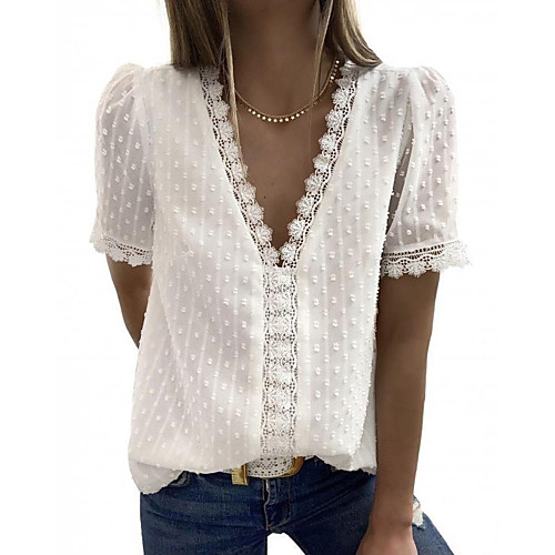 

Women's Blouse Shirt Solid Colored Lace Trims V Neck Tops Basic Basic Top White Black Dusty Blue