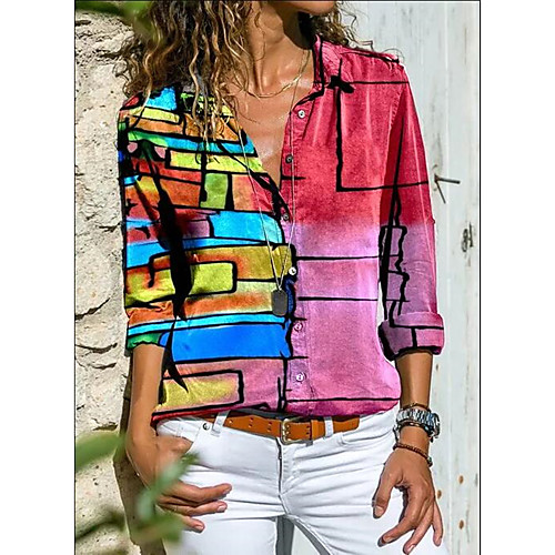 

Women's Blouse Shirt Rainbow Color Gradient Color Block Long Sleeve Patchwork Print V Neck Shirt Collar Tops Basic Top Red