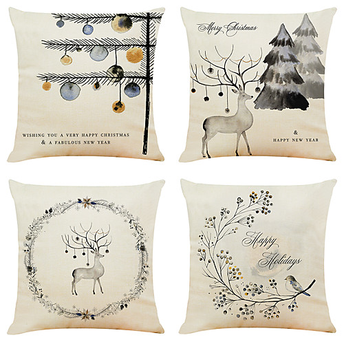 

Set of 4 Ink Christmas Linen Square Decorative Throw Pillow Cases Sofa Cushion Covers 18x18