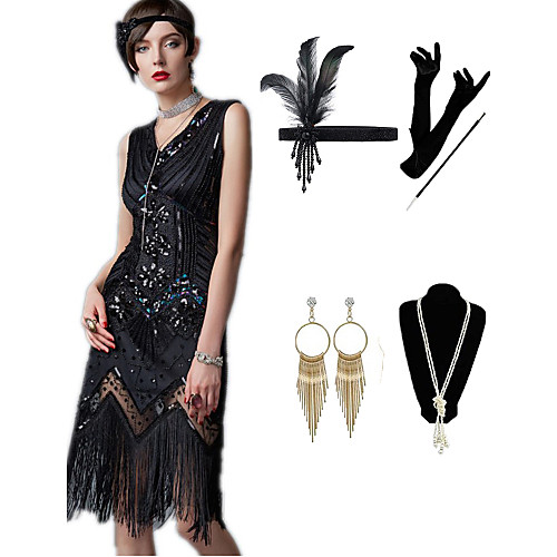 

The Great Gatsby 1920s Vintage Vacation Dress Flapper Dress Outfits Masquerade Prom Dress Women's Tassel Fringe Costume Brown black / Black / Light Black Vintage Cosplay Party Prom / Body Jewelry