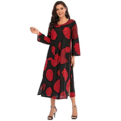 

Women's Swing Dress Midi Dress White Black Red Yellow Long Sleeve Print Patchwork Print Fall Round Neck Casual Boho Cotton 2021 S M L XL XXL 3XL 4XL 5XL
