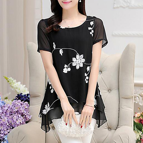 

Women's Work Plus Size Blouse Shirt Floral Flower Print Asymmetric Round Neck Tops Loose Chiffon Basic Basic Top White Black