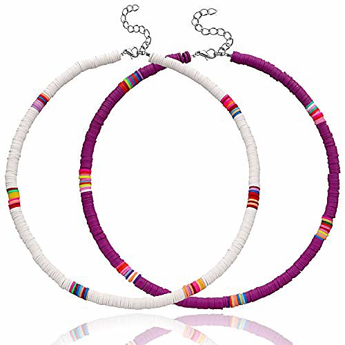 

2 pcs surfer heishi choker necklace and anklet set for women boho jewelry colorful african vinyl disc beads necklaces handmade summer collar beach necklace for women girls (purplewhite)