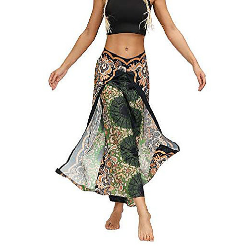 

womens palazzo slit wide leg pants summer casual beach boho hippie pilate yoga (green big flower 038, l/xl)