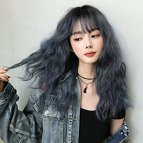 

Synthetic Wig Curly With Bangs Wig Long Brown Pink Blue Black Synthetic Hair 22 inch Women's Fashionable Design Comfortable Exquisite Blue Brown