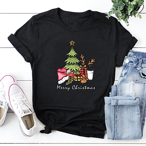 

Women's Christmas T shirt Plants Graphic Letter Print Round Neck Tops 100% Cotton Basic Christmas Basic Top Black Purple Blushing Pink