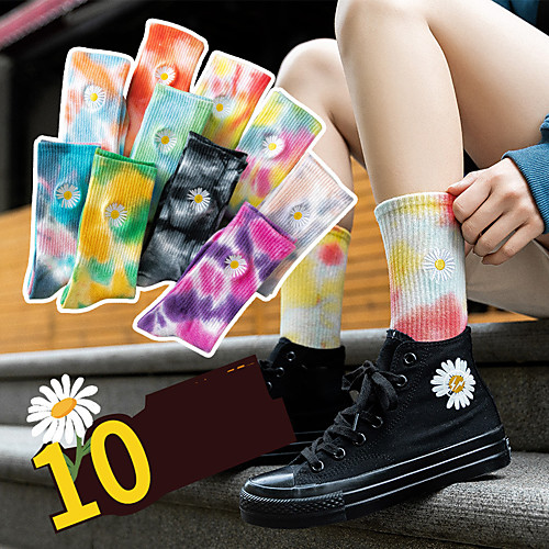 

Athletic Sports Socks 1 Pair Embroidered Tie Dye Women's Tube Socks Breathable Sweat wicking Comfortable Gym Workout Basketball Running Active Training Skateboarding Sports Colorful Daisy Cotton