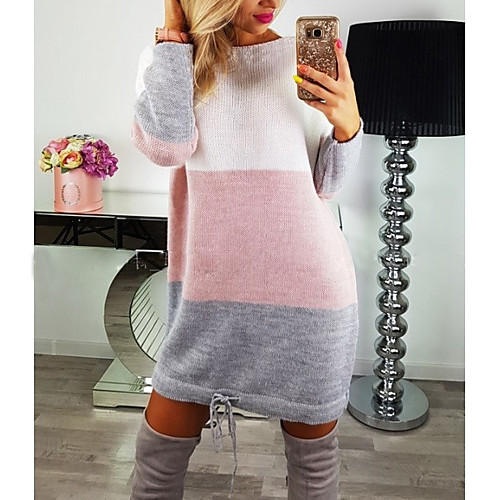 

Women's Sweater Jumper Dress Short Mini Dress Blushing Pink Long Sleeve Color Block Fall Winter Crew Neck Hot Streetwear S M L XL