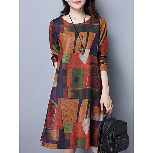 

Women's A Line Dress Knee Length Dress Purple Orange Long Sleeve Print Fall Round Neck Hot Casual vacation dresses Cotton 2021 M L XL XXL
