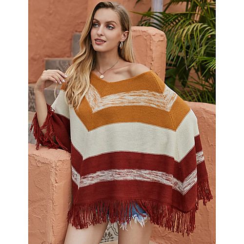 

Women's Basic Knitted Tassel Color Block Cloak / Capes Sleeveless Loose Sweater Cardigans Boat Neck Fall Winter Rainbow