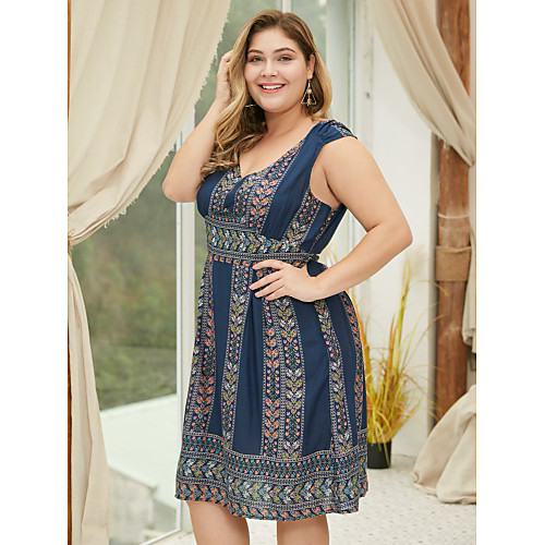 

Women's A Line Dress Knee Length Dress Navy Blue Sleeveless Print Patchwork Print Summer V Neck Casual 2021 L XL XXL 3XL 4XL / Plus Size