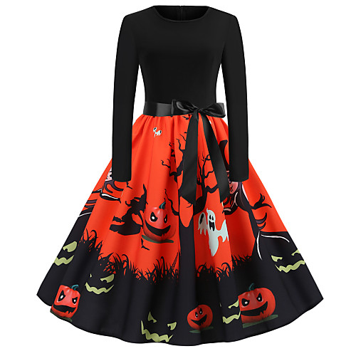 

Women's Halloween A Line Dress Knee Length Dress Black Blue Orange Long Sleeve Bat Print Zipper Patchwork Print Fall Round Neck Hot Vintage 2021 S M L XL XXL