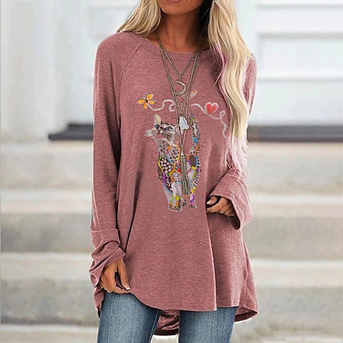 

Women's T shirt Cat Long Sleeve Print Round Neck Tops Cotton Basic Basic Top White Black Blue