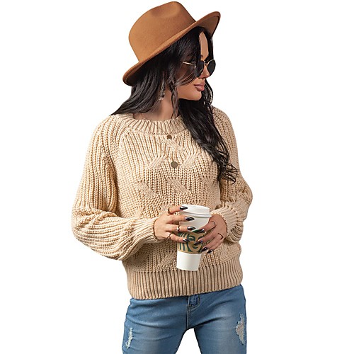 

Women's Basic Knitted Solid Color Plain Pullover Long Sleeve Sweater Cardigans Crew Neck Round Neck Fall Yellow Blushing Pink Khaki