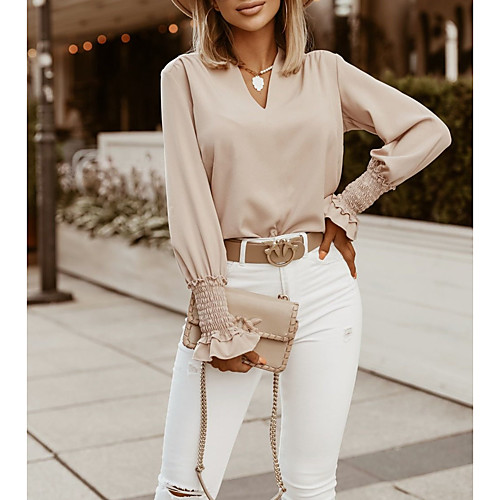 

Women's Blouse Shirt Solid Colored Long Sleeve Patchwork V Neck Tops Basic Basic Top White Black Blushing Pink