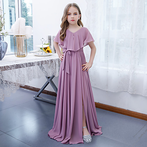 

A-Line Jewel Neck Floor Length Chiffon Junior Bridesmaid Dress with Sash / Ribbon / Pleats