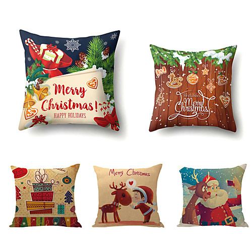 

1 Set of 5 pcs Christmas Series Decorative Linen Throw Pillow Cover 18 x 18 inches 45 x 45cm For Home Decoration Christmas Decoration