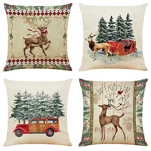 

1 Set of 4 pcs Christmas Series Decorative Linen Throw Pillow Cover 18 x 18 inches 45 x 45 cm