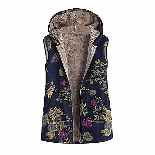 

womens hooded vest flannel lined sleeveless jackets boho flowers leaves print vintage warm padded parka coat plus size & #40;4xl =us:18-22,blue-flowers& #41;