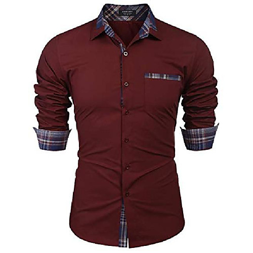 

men's casual long sleeve plaid collar dress shirt slim fit button down shirt wine red