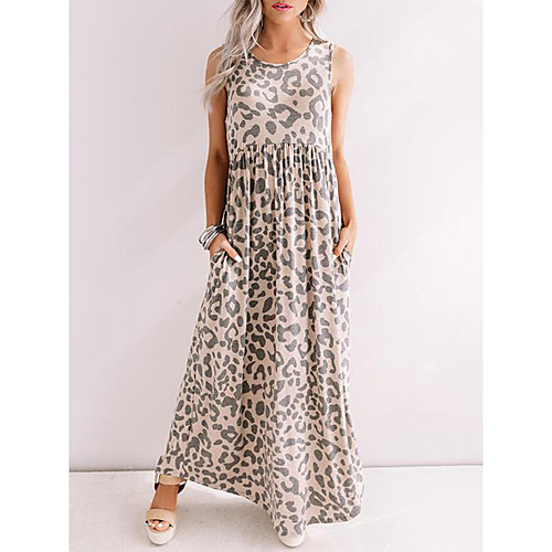 

Women's Sheath Dress Maxi long Dress Beige Sleeveless Leopard Print Summer Round Neck Hot Casual 2021 S M L XL