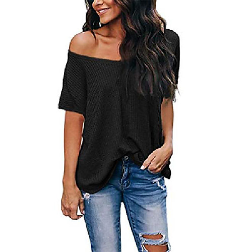 

women& #39;s casual tops short sleeve loose off shoulder shirt soft black v neck t shirt black xl