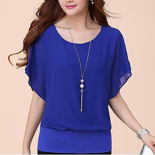 

Women's Work Plus Size Blouse Shirt Solid Colored Ruffle Round Neck Tops Batwing Sleeve Chiffon Business Basic Basic Top White Black Blue