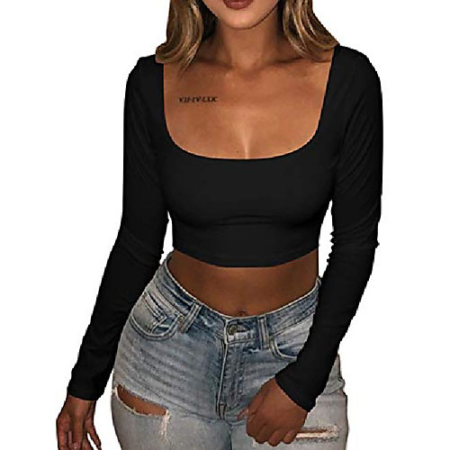 

womens sexy bodycon fitted square neck long sleeve basic tshirt crop top black