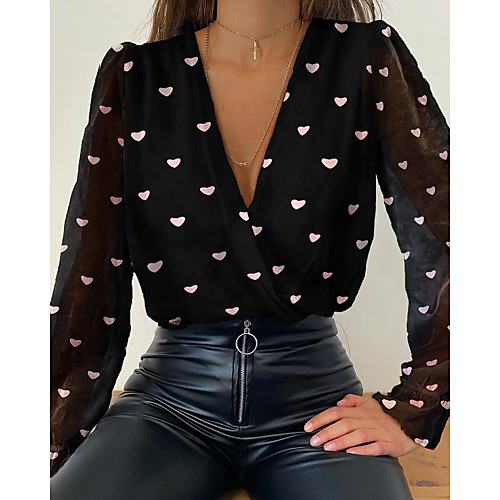 

Women's Blouse Shirt Polka Dot Heart Floral Long Sleeve Lace V Neck Tops Basic Basic Top White Black Khaki