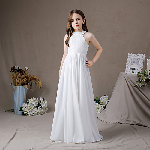 

A-Line Jewel Neck Floor Length Chiffon Junior Bridesmaid Dress with Pleats