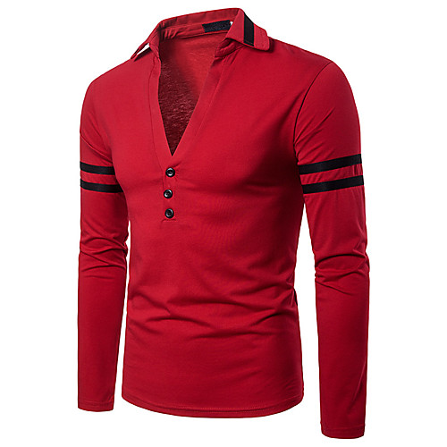 

Men's Polo Other Prints Striped Long Sleeve Daily Tops Cotton Basic White Red Navy Blue