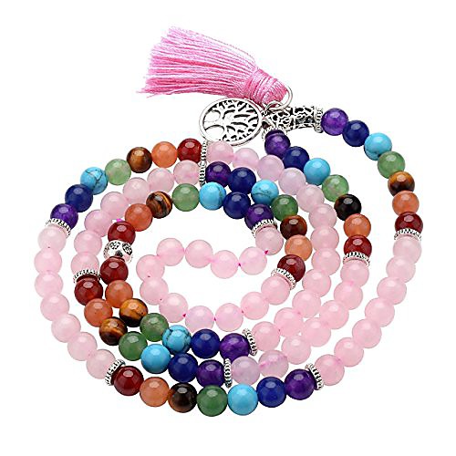 

7 chakra buddha mala prayer beads 108 meditation healing multilayer bracelet/necklace w/tree of life tassel charm (rose quartz)