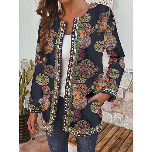 

Women's Plants Basic Fall Coat Long Daily Long Sleeve Cotton Coat Tops Blue