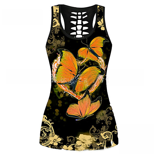 

Women's Tank Top Butterfly Cut Out Print U Neck Tops Sexy Basic Top Blue Red Fuchsia