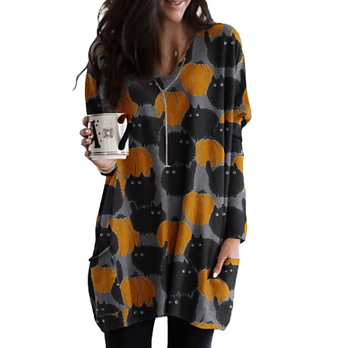 

Women's Halloween T shirt Graphic Tie Dye Animal Long Sleeve V Neck Tops Basic Halloween Basic Top Blue Orange