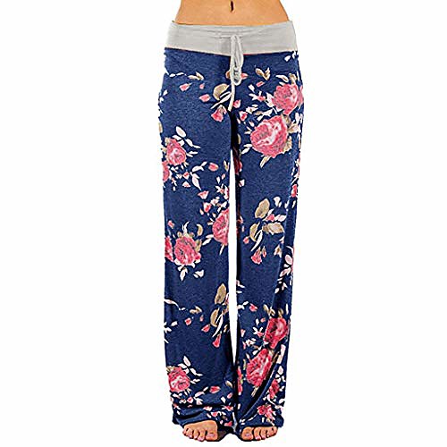 

comfy casual pajama pants floral print drawstring palazzo lounge pants wide leg(gray,3xl)