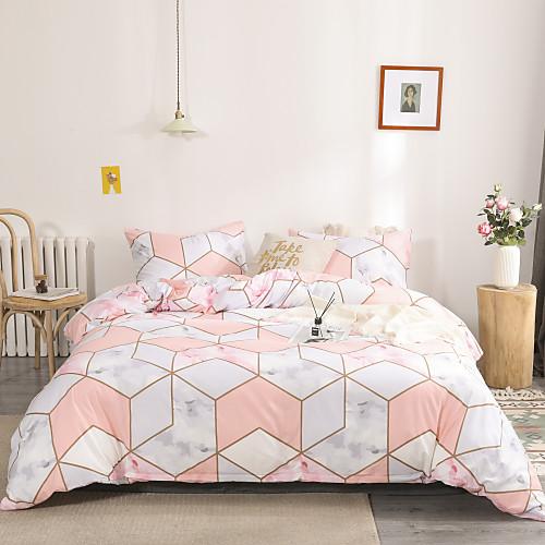 

Marble Print 3 Pieces Duvet Cover Set Pink Color Bedding Set Geometry Plaid Print Bedding Sets Queen Include 1 Duvet Cover and 1 or 2 Pillowcases