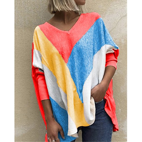 

Women's T shirt Color Block Long Sleeve Patchwork Print V Neck Tops Basic Basic Top Purple Red Orange