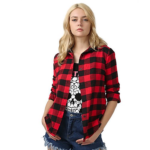 

Women's Blouse Shirt Plaid Check Long Sleeve Shirt Collar Tops Basic Basic Top Black Red