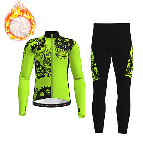 

21Grams Men's Long Sleeve Cycling Jacket with Pants Winter Fleece Polyester Black Green Skull Gear Funny Bike Clothing Suit Thermal Warm Fleece Lining Breathable 3D Pad Warm Sports Skull Mountain