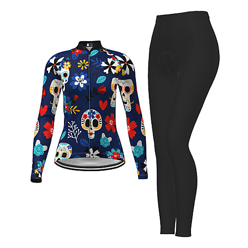 

Women's Long Sleeve Cycling Jersey with Tights Winter Dark Blue Skull Floral Botanical Bike Breathable Quick Dry Moisture Wicking Sports Skull Mountain Bike MTB Road Bike Cycling Clothing Apparel