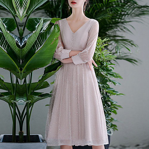 

A-Line Glittering Minimalist Homecoming Cocktail Party Dress V Neck 3/4 Length Sleeve Knee Length Tulle with Buttons Sequin 2021