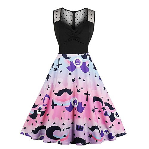 

Women's Halloween A Line Dress Knee Length Dress Blushing Pink Sleeveless Print Ruched Mesh Patchwork Summer V Neck Hot Casual 2021 L XL XXL 3XL 4XL