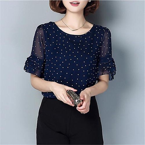 

Women's Work Blouse Shirt Polka Dot Layered Ruffle Mesh Round Neck Tops Chiffon Business Basic Basic Top White Blushing Pink Navy Blue